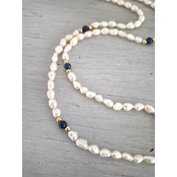 14K Gold Lapis Lazuli Seed Pearl and Bracelet Set - Picture 2 of 4